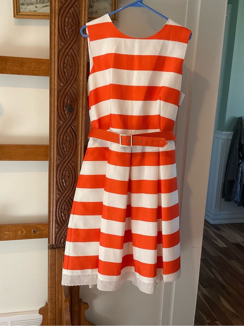 Chetta B Orange and White Striped Belted Fit-and-Flare Dress